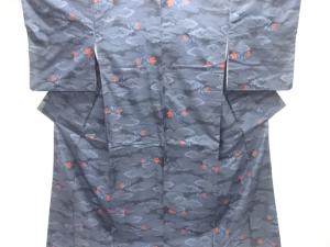 雲に花模様織り出し十日町紬着物